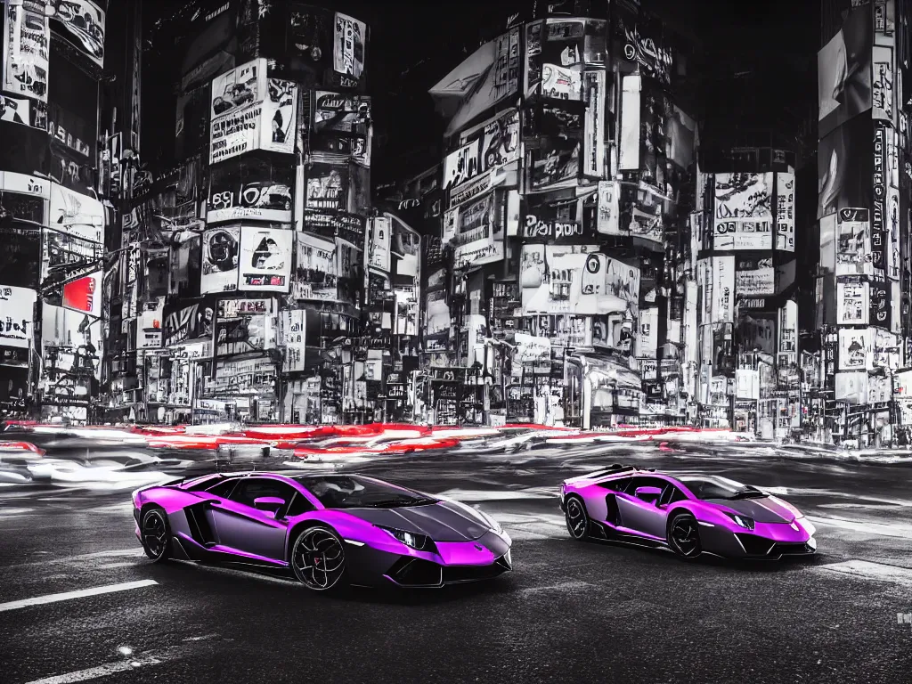 Prompt: a Photorealistic hyperdetailed hyper realistic dramatic moody Low angle night time close up render of a Lamborghini Aventador speeding in the middle of busy shibuya crossing Tokyo, Bright vibrant colors with multiple long light trails, Beautiful dramatic moody tones and lighting, cinematic atmosphere, photorealism, 8K