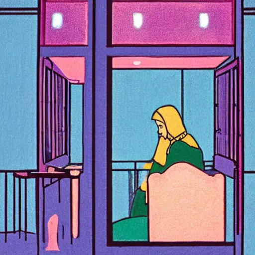 Image similar to a lonely girl in a room, film still by wes anderson, depicted by mackintosh, limited color palette, very intricate, art nouveau, highly detailed, lights by hopper, soft pastel colors, minimalist