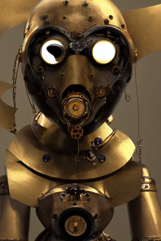 Image similar to steampunk mask minimalist fantasy art robot ninja helmet, global illumination ray tracing hdr fanart arstation by sung choi and eric pfeiffer and gabriel garza and casper konefal radiating a glowing aura