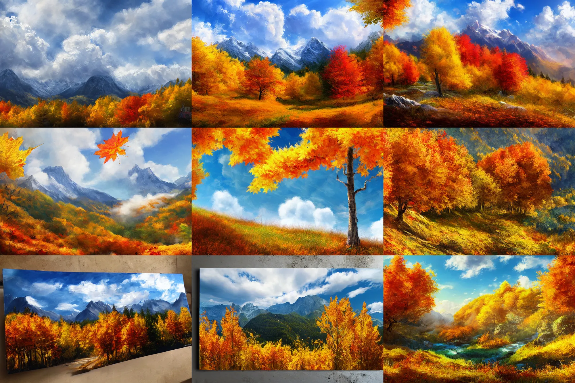 Prompt: fluffy clouds, alpine scenery, autumn leaves blowing in the wind, 8k HD detailed concept art painting