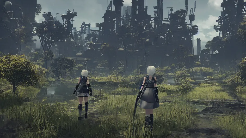 Image similar to beautiful Nier Automata landscape, no characters