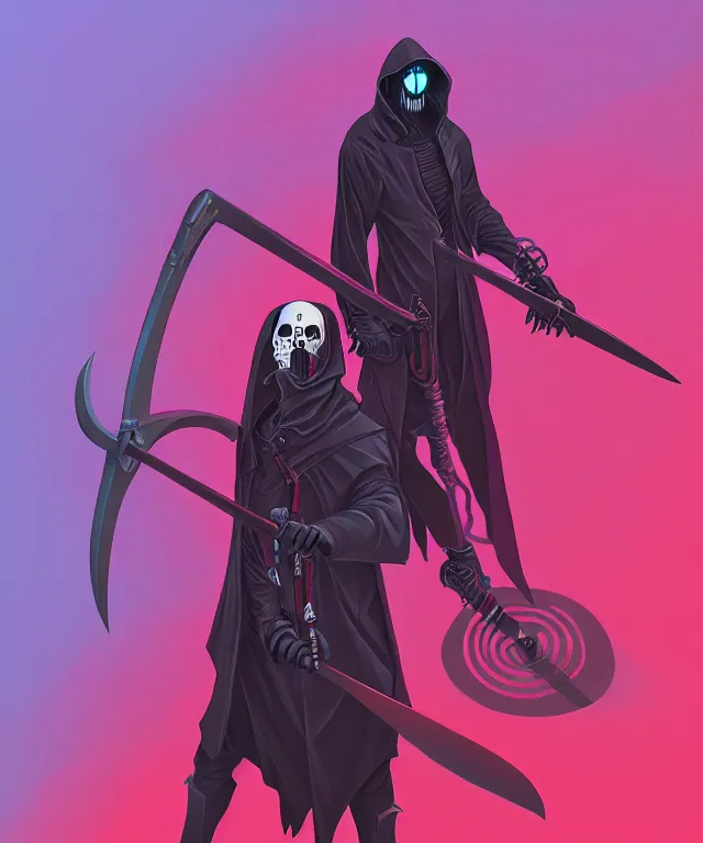 Prompt: a portrait of a cyberpunk grim reaper holding a scythe, fantasy, elegant, digital painting, artstation, concept art, matte, sharp focus, illustration, art by josan gonzalez