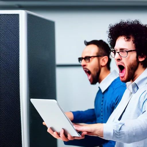Prompt: Stock Photo of a mam holding a laptop while he screams out IT NETWORKING, Realistic, HDR, Clear Image, HDD, RTX ON, C 10.0