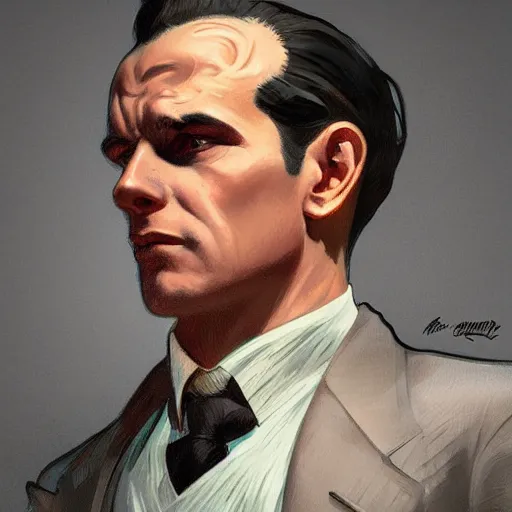 Prompt: 1930s mobster, painted character portrait, highly detailed, digital painting, artstation, concept art, sharp focus, illustration, art by artgerm and greg rutkowski and alphonse mucha