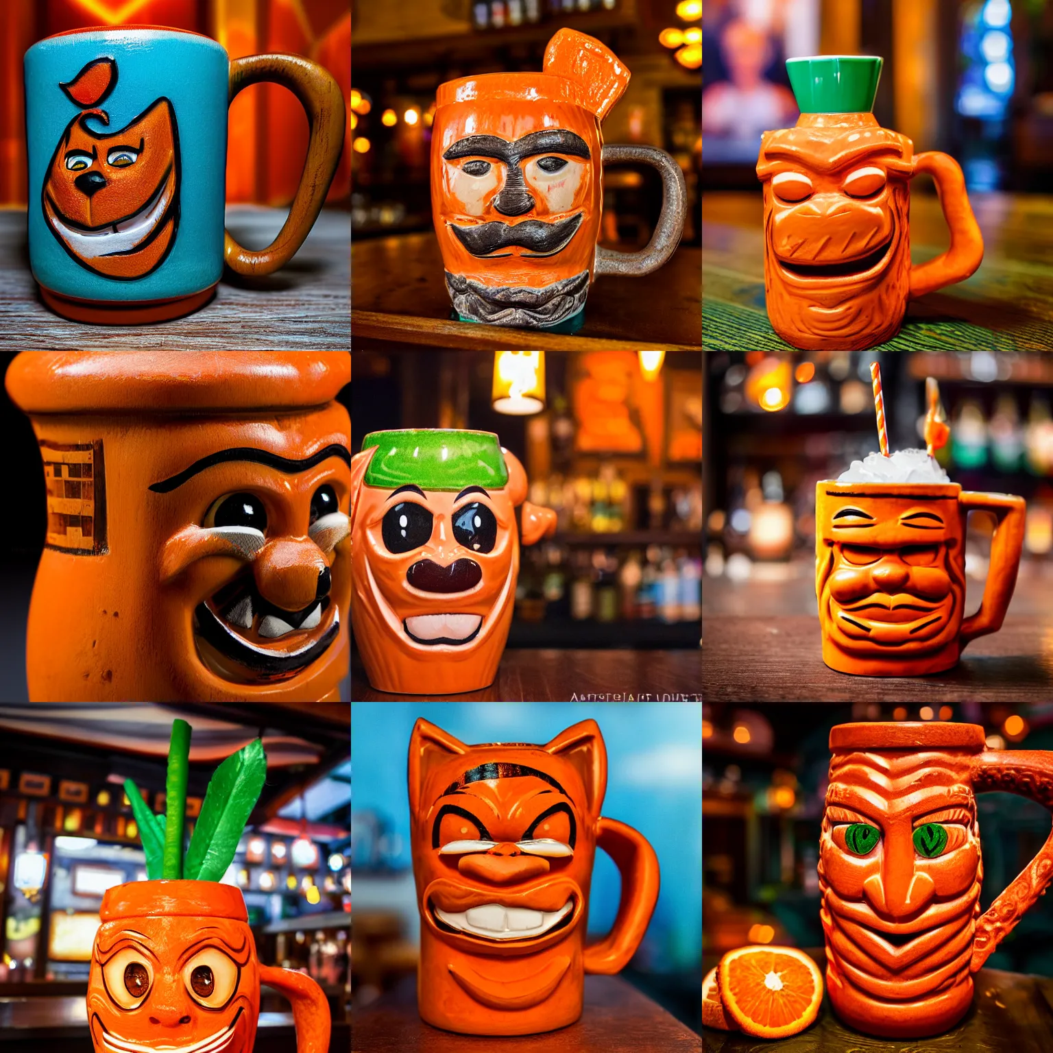 Image similar to a closeup photorealistic photograph of an orange cat garfield style tiki mug at a trader vic's bar with garfield's face on the front. tiki party. bright scene. fine detail. this 4 k hd image is trending on artstation, featured on behance, well - rendered, extra crisp, features intricate detail, epic composition and the style of unreal engine.