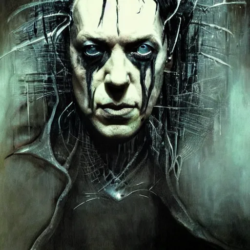 Image similar to stunning portrait of gaunt max von sydow a ( the cure fan ) as dream from sandman, dim stars as eyes, by jeremy mann, by cedric peyravernay, by by russ mills, by richard avedon and ben templesmith, dramatic lightning, sadness, dark eye sockets, in the shadows, punk rock, gothic, high detailed, 8 k
