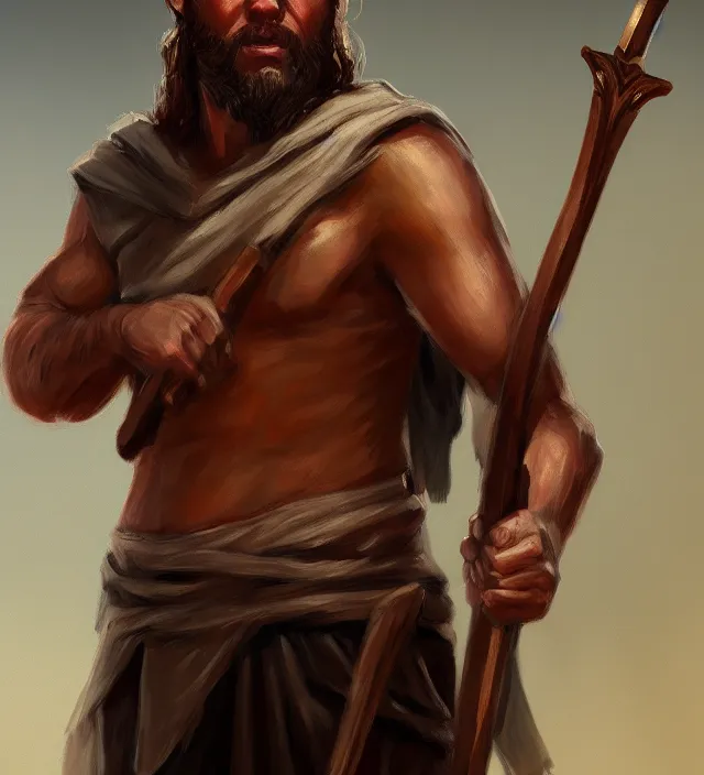 Prompt: portrait of biblical cain holding a spear intricate headshot highly detailed digital painting artstation concept art