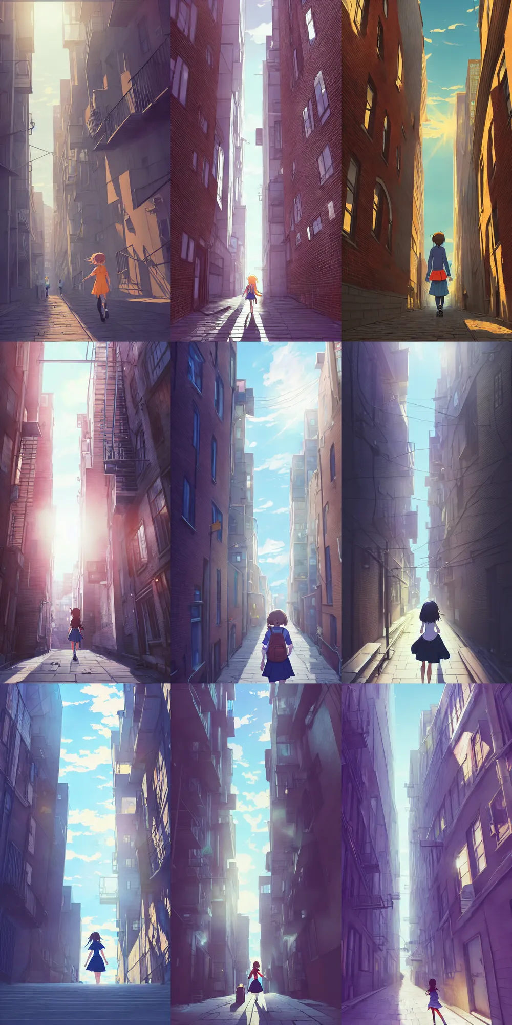 Prompt: school girl walk toward light in narrow alley of new york, sky line, high building, lens distortion, low angle shot. by makoto shinkai, trending on pixiv, global illumination, radiant light, detailed illustration