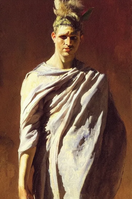 Image similar to a close portrait of a mantis wearing a toga in ancient rome. masterpiece, dramatic light and shadow, saturated colors, ciaroscuro. painted by anders zorn