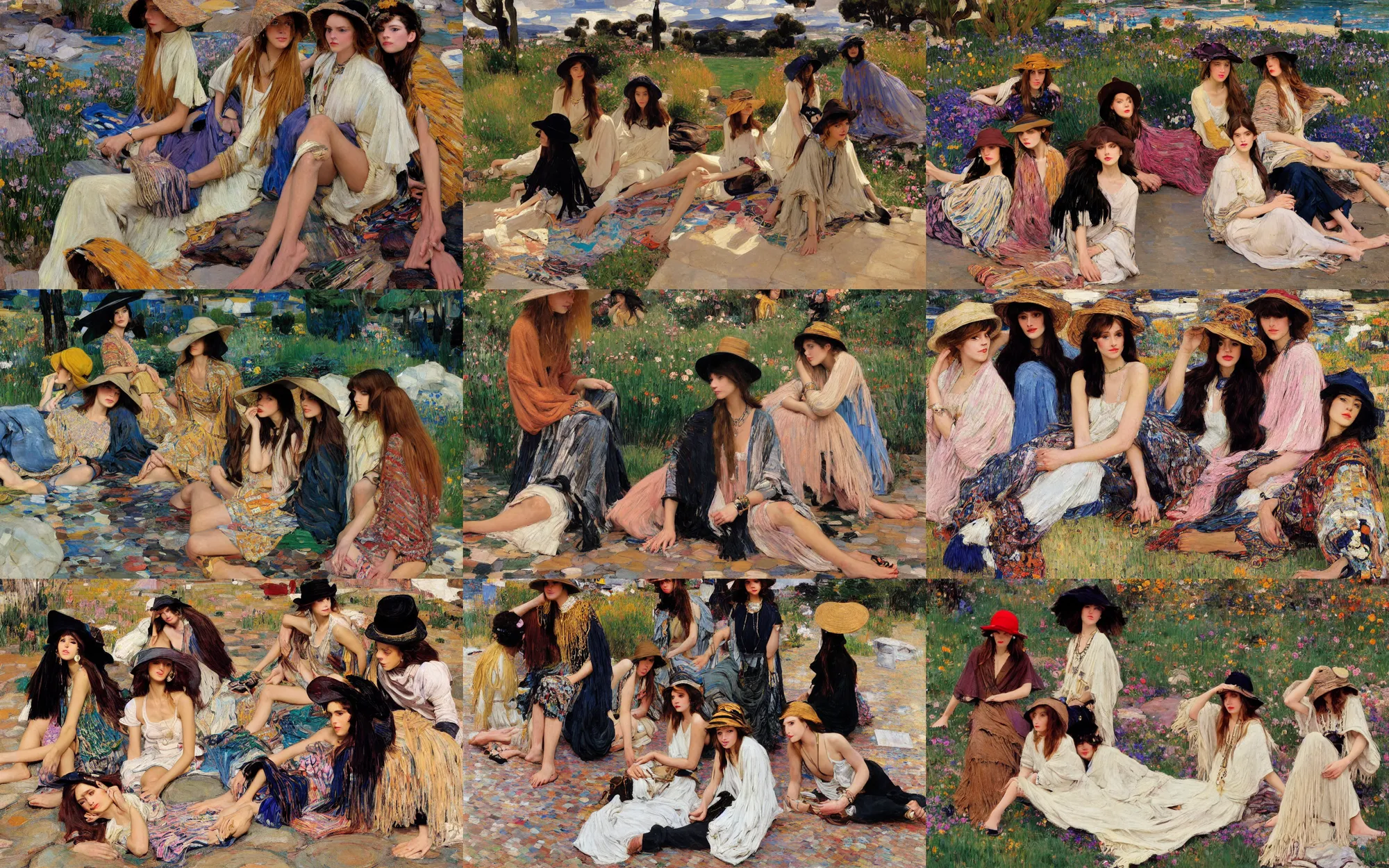 Prompt: portrait of group of fashionable young womans wearing rich jewerly hat and boho poncho, lying pose on stones, concrete hitech interior, 1970s fashion, Low poly, thunder clouds in the sky, artwork by Joaquin Sorolla and john william waterhouse and Denis Sarazhin and klimt and rhads and van gogh and Dean Ellis and Detmold Charles Maurice, levitation, industrial rusty pipes, simple form, brutal shapes