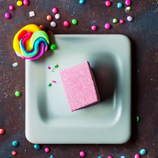 Image similar to photograph of a delicious marshmallow cube with sprinkles on a dark wooden chopping board, pastel colours, professional food photography, photorealistic, depth of field, 4 k, canon 1 d, bohek