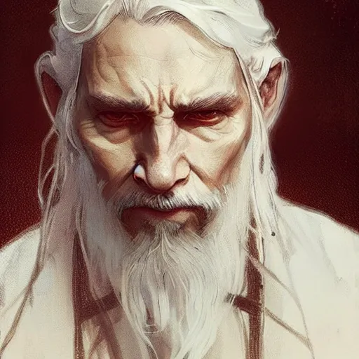 Image similar to man, white clothed, white hair, daoist, artstation, concept art, highly detailed, style of greg rutkowski and alphonse mucha