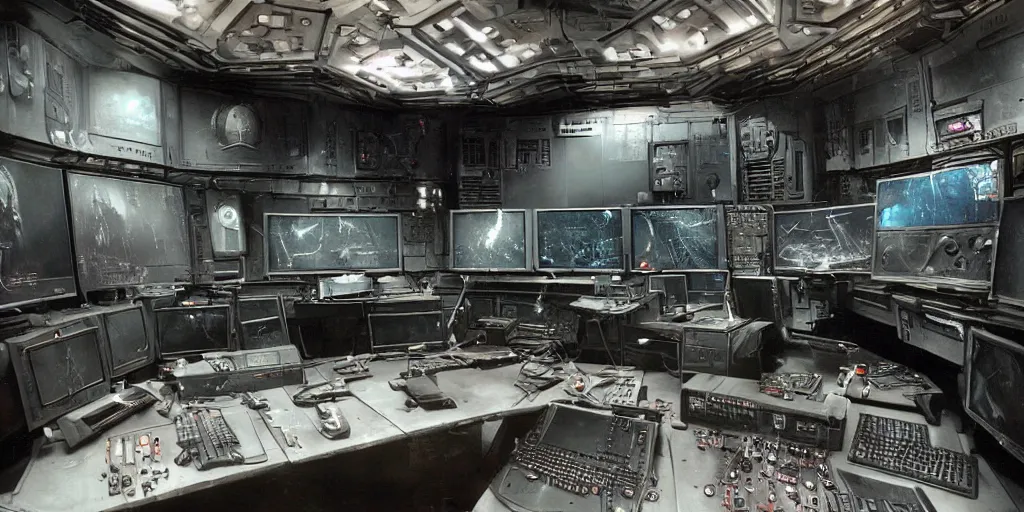 Prompt: gothic cyberpunk command centre control console, grungy decor, screens, cords, matte painting, by ridley scott, giger and wayne barlowe