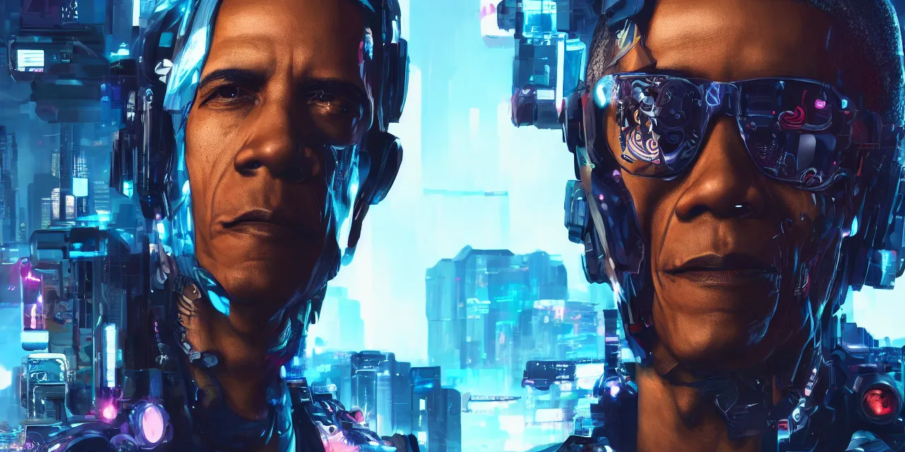 Prompt: a portrait of cyberpunk obama, hyperdetailed, artstation, accurate, octane render, surreal, 8k