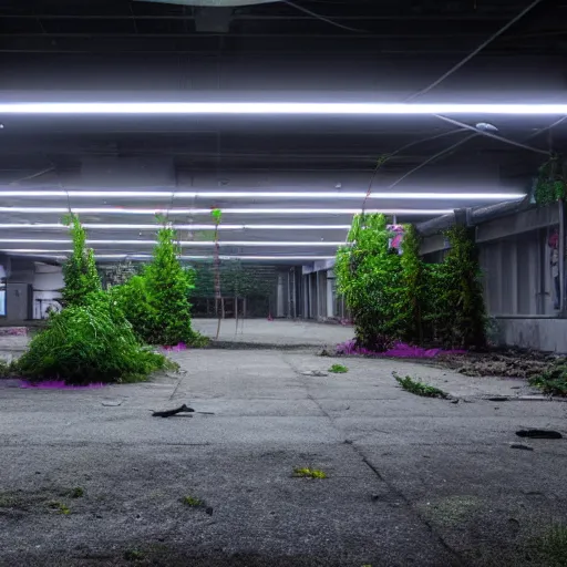 Prompt: a indoor abandoned parking lot with overgrown plants, bisexual lighting, neon, cyberpunk, art by Simon Stalenhag, cinematic, 4k