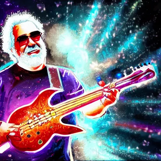 Image similar to a Jerry Garcia guitarist playing so intensely there is electricity shooting out from his guitar, energy beams under his finger tips, and magic sparkles from the freboard, amazing ditial art, trending on artstation, featured on deviantart