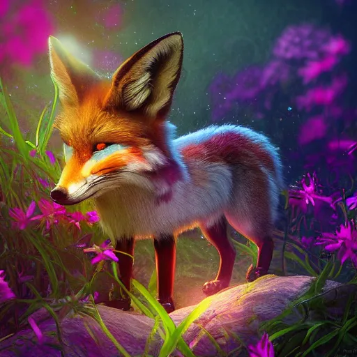 Image similar to Photorealistic magical fox with flowers. Hyperdetailed photorealism, 108 megapixels, amazing depth, glowing rich colors, powerful imagery, psychedelic Overtones, 3D finalrender, 3d shading, cinematic lighting, artstation concept art