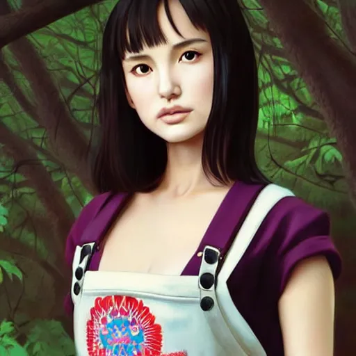 Image similar to a beautiful young japanese natalie portman alluring gravure model, wearing elegant designer overalls made by natives, elegant overalls with mesoamerican patterns, mesoamerican native street fashion, princess mononoke, by and wlop and ilya kuvshinov and artgerm and, aesthetic, gorgeous, stunning, alluring, attractive, artstation, pinterest, digital art