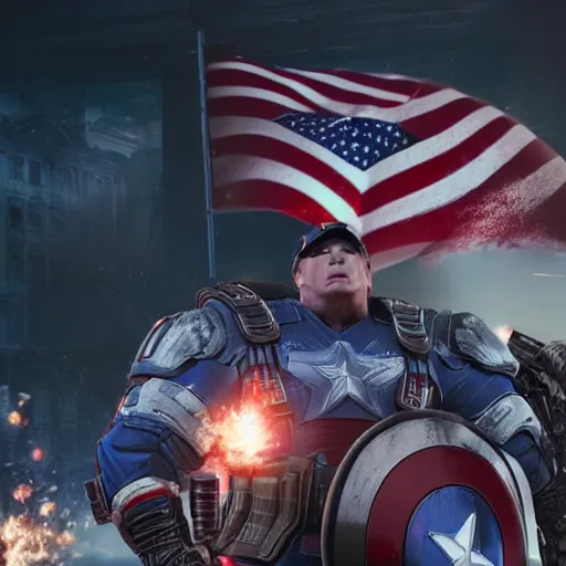 Prompt: Portrait of Donald Trump as ((captain america)) in Gears of War, patriotic, splash art, movie still, cinematic lighting, dramatic, octane render, long lens, shallow depth of field, bokeh, anamorphic lens flare, 8k, hyper detailed, 35mm film grain