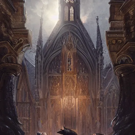 Image similar to werewolf sitting on church of sts. olha and elizabeth lviv, portrait, highly detailed, full body, digital painting, trending on artstation, concept art, sharp focus, illustration, art by artgerm and greg rutkowski and magali villeneuve