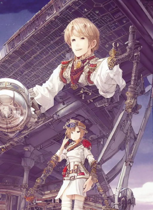 Image similar to character portrait of the white herald on the deck of an imperial airship in the sky, hidari, color page, tankoban, 4K, tone mapping, Akihiko Yoshida.