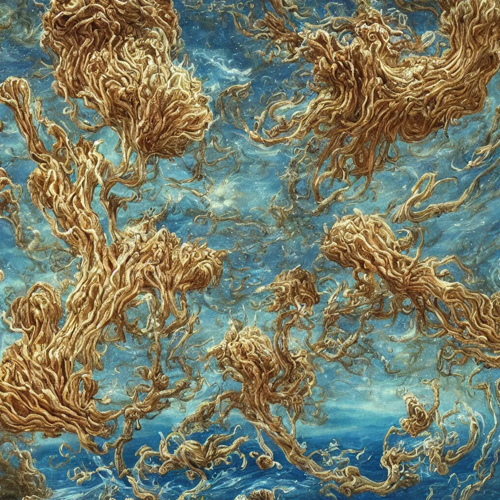 Image similar to beautiful and artistic mycelium on a fantastic planet and unusual inhabitants of the oceans, highly detailed, Allegorical Painting