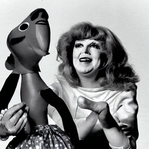 Image similar to 1983 happy woman on a talk show show with a long prosthetic snout nose, big nostrils, wearing a dress, 1983 French film color archival footage color film 16mm Fellini Almodovar John Waters Russ Meyer with hand puppet