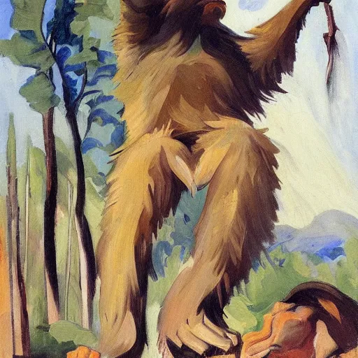 Prompt: bigfoot smoking meth from meth pipe, billowing smole, painted by zinaida serebriakova