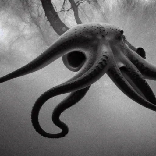 Prompt: octopus trailcam footage, grainy black and white, low quality, security camera