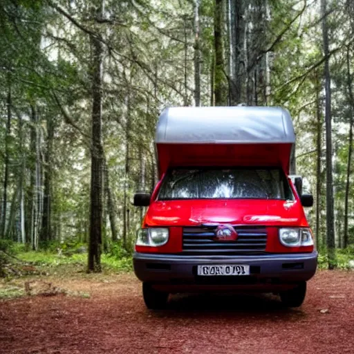 Prompt: a silver metallic camper in a forest clearing, with a red pillar of light in the background of the image