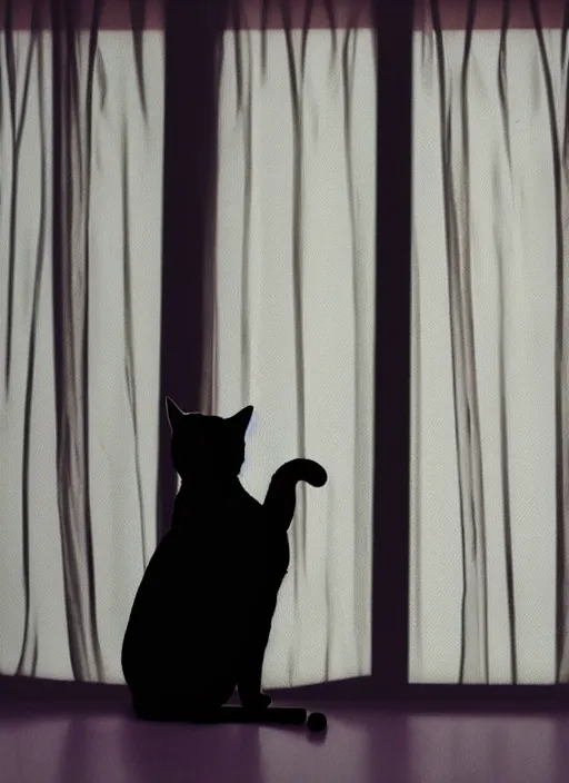 Image similar to a cat silhouette behind a transparent window curtain