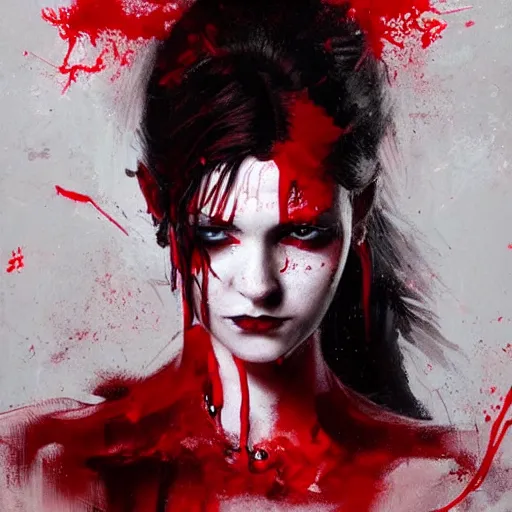 Prompt: goth girl covered in red paint, intricate, art by greg rutkowski, high detailed, 4 k,