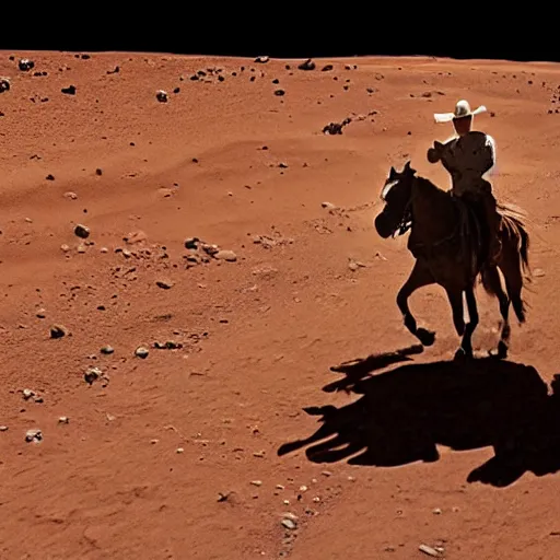 Prompt: A lone cowboy riding a horse on Mars