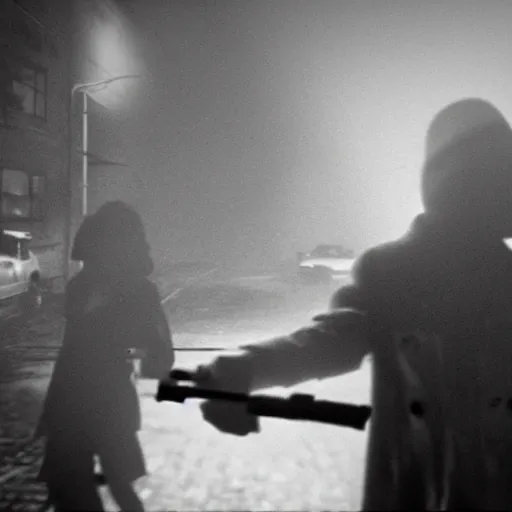 Image similar to humphrey bogart and lauren bacall, battered, holding machine guns and grenades, back to back, last stand as disturbing zombie shapes come out of the fog. There is ash in the air. Silent hill, resident evil. Octane render, cinematic lighting, cinematic framing ar 3:1.