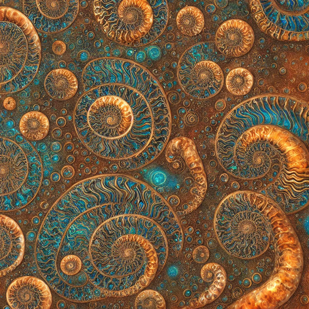 Prompt: bubbles in cresting oil slick waves, ammonites, art nouveau, organic rippling spirals, photorealistic hyperdetailed ultrasharp octane render, patina copper art forms from nature by ernst haeckel