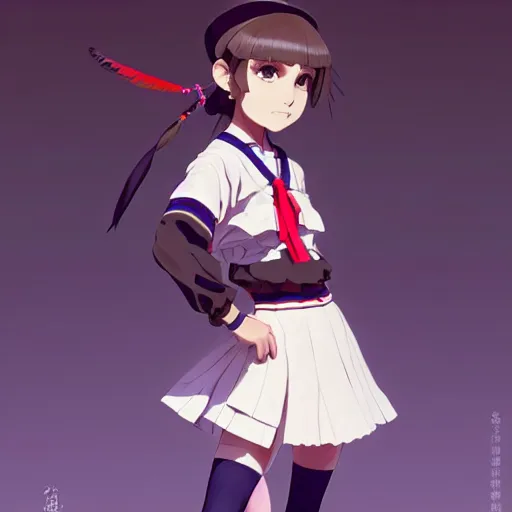 Image similar to a beautiful! boyish! natalie portman model, wearing catholic school girl outfit with mayan pattern and native style, jrpg aztec street fashion, gapmoe yandere grimdark, trending on pixiv fanbox, painted by greg rutkowski makoto shinkai takashi takeuchi studio ghibli, akihiko yoshida