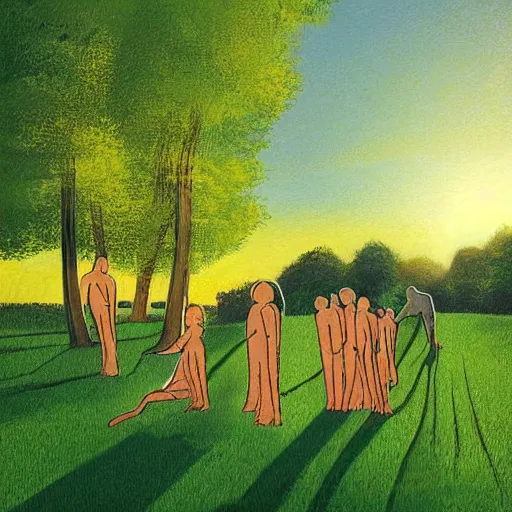 Image similar to Digital art. Conceptual art, the warm, golden light of the sun casts a beautiful glow on the scene, and the gentle breeze ruffles the leaves of the trees. The figures in the conceptual art are engaged in a simple activity, the way they are positioned and the expressions on their faces suggest a deep connection. Peace and contentment, idyllic setting. by Rupi Kaur, by Hikari Shimoda spirited, monumental