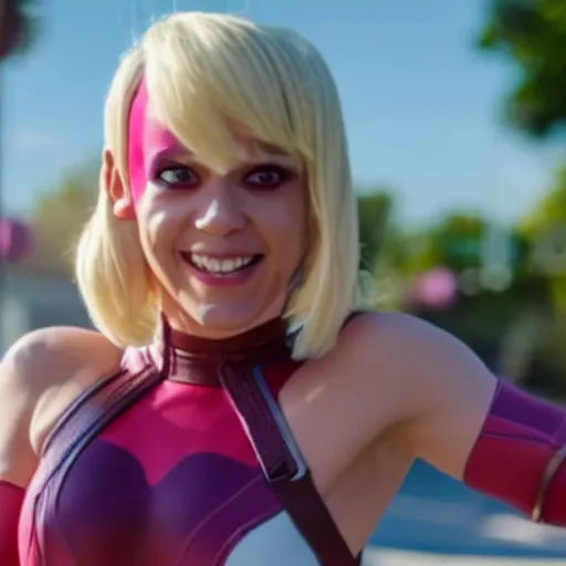 Prompt: A still of Gwenpool in Deadpool 3 (2023), blonde hair with pink highlights, no mask, white and light-pink outfit, smiling and winking at the camera, comics accurate design