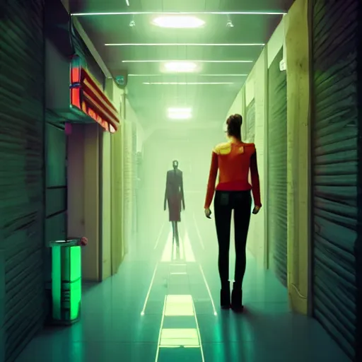 Image similar to a woman standing in a hallway with neon lights, cyberpunk art by beeple, cgsociety, retrofuturism, dystopian art, ominous vibe, futuristic