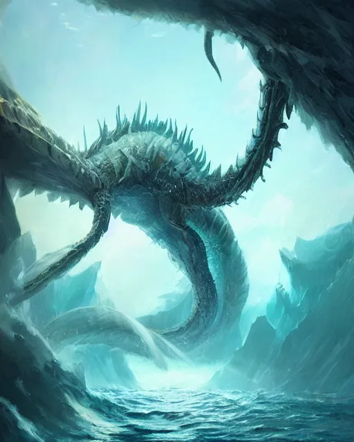 Image similar to A monstrous giant sea dragon in the middle of the sea, fantasy art, in the style of greg rutkowski, illustration, epic, fantasy, intricate, hyper detailed, artstation, concept art, smooth, sharp focus, ray tracing