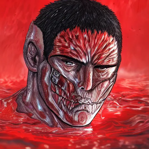 Prompt: portrait of guts from berserk submerged in red water, extremely detailed, made by Justin Fields, trending on artstation, concept art