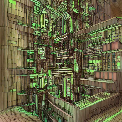 Image similar to an architectural section drawing of an organic cyberpunk building made of vivid organs