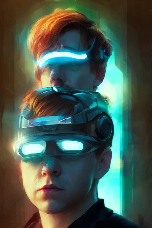 Image similar to portrait of Rupert Grint as Ron Wisly with visor in cyberpunk, neon lighting, night city, digital art from artstation by Ruan Jia and Mandy Jurgens and Artgerm and william-adolphe bouguereau and Greg Rutkowski