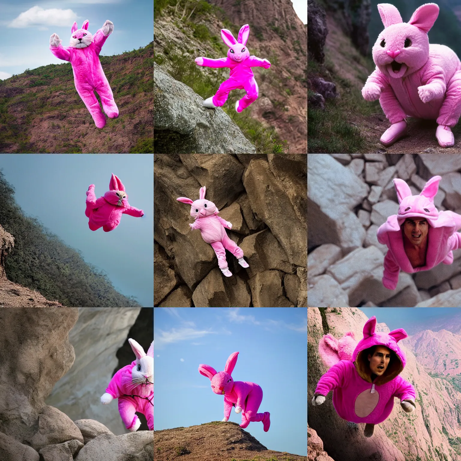 Prompt: Tom Cruise, wearing a pink rabbit costume, falling off a cliff, photograph, 4k, depth of field