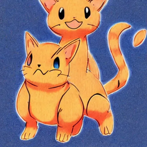 Prompt: an anime drawing of a tan cat with blue eyes and black feet, by ken sugimori in 1 9 9 8, for pokemon red and blue.