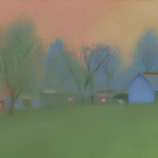 Prompt: suburban american neighborhood on early morning with mist over the houses, painting by best artist in the world, illustration, 4k, high quality, 1980, pastel colors, film grain, cluttered,