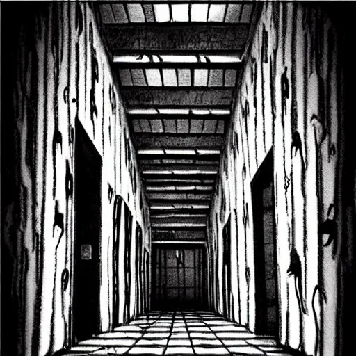 Image similar to “the inside of a huge white building with with many doors and stairs, confusing, creepy, doors, strange dimensions, anime style, detailed background, by Junji Ito”