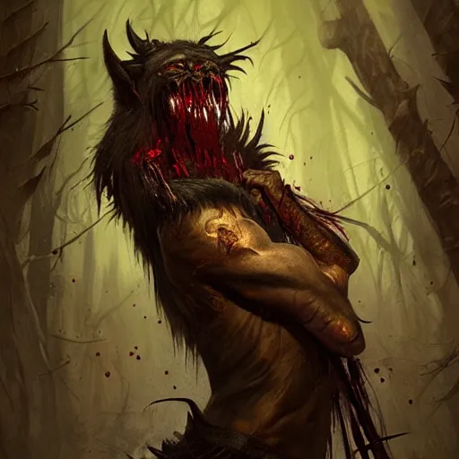 Image similar to Dark Fantasy Painting of a werewolf with blood dripping from its mouth, creepy, unsettling, horror, upper body, intricate, wild, highly detailed, digital painting, artstation, concept art, smooth, sharp focus, illustration, art by artgerm and greg rutkowski and alphonse mucha