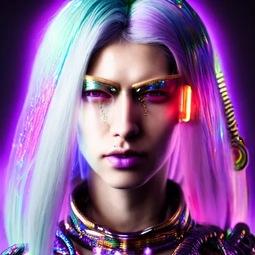 Prompt: hyperdetailed portrait of a stunningly beautiful cyberpunk british girl androgynous wizard guard made of iridescent metals and shiny purple gems, bright rainbow nimbus, led necklace, trash background inspired by ross tran and masamune shirow and kuvshinov, concept art, intricate, photorealistic, octane render, rtx, hdr, unreal engine, dnd digital art by artgerm