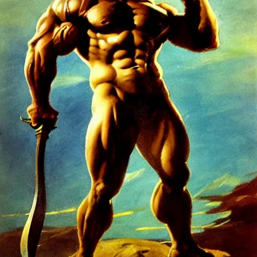 Image similar to by Frank Frazetta style, barbarian with extraordinary muscle structure with long sword, wide view, well-defined anatomy, high quality details, deep depth of field, denoise